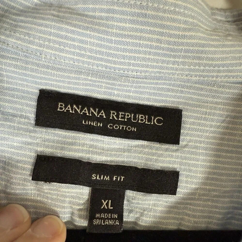 Banana Republic Linen Blend Shirt Men's XL Blue Striped Button Up Short Sleeve